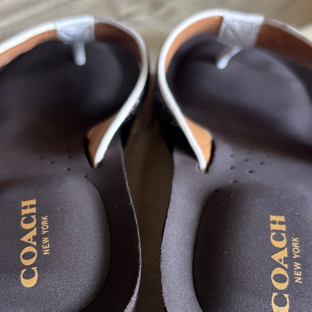 Coach Black Footbed White-Trim Logo Strap Thong Sandals - Picture 12 of 16